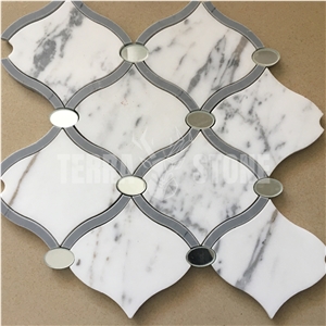 Statuario White Marble Glass Water Jet Lantern Mosaic Tile
