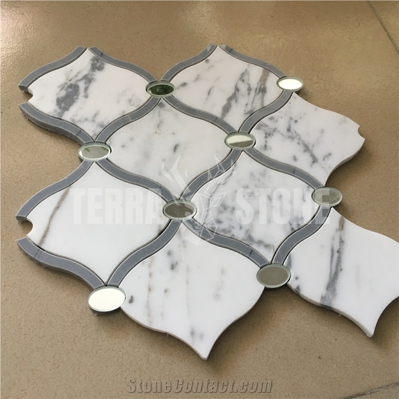 Statuario White Marble Glass Water Jet Lantern Mosaic Tile