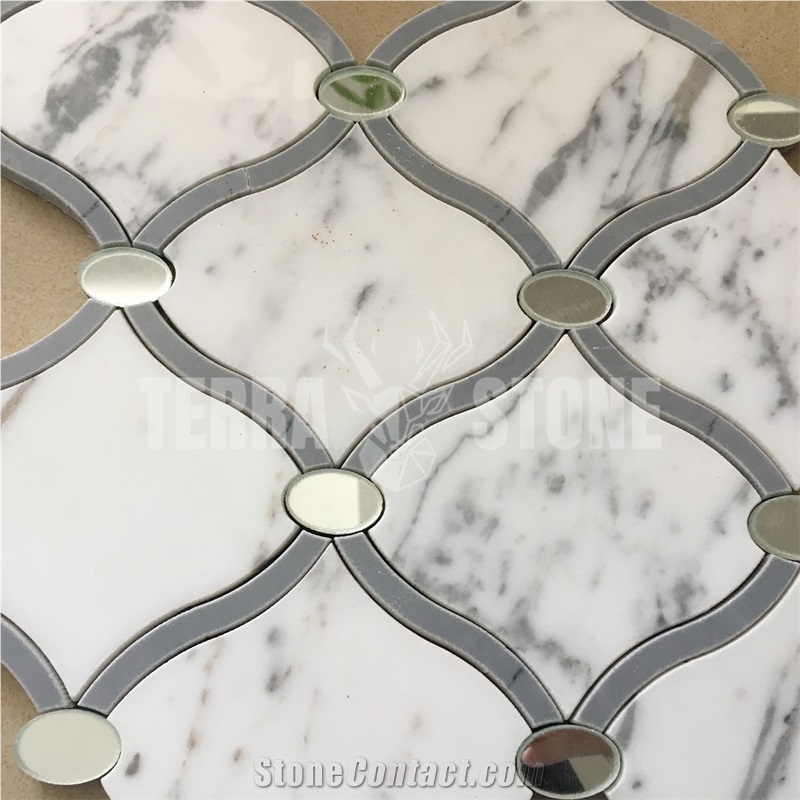 Statuario White Marble Glass Water Jet Lantern Mosaic Tile
