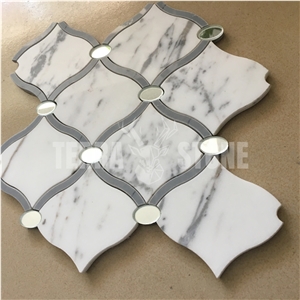 Statuario White Marble Glass Water Jet Lantern Mosaic Tile