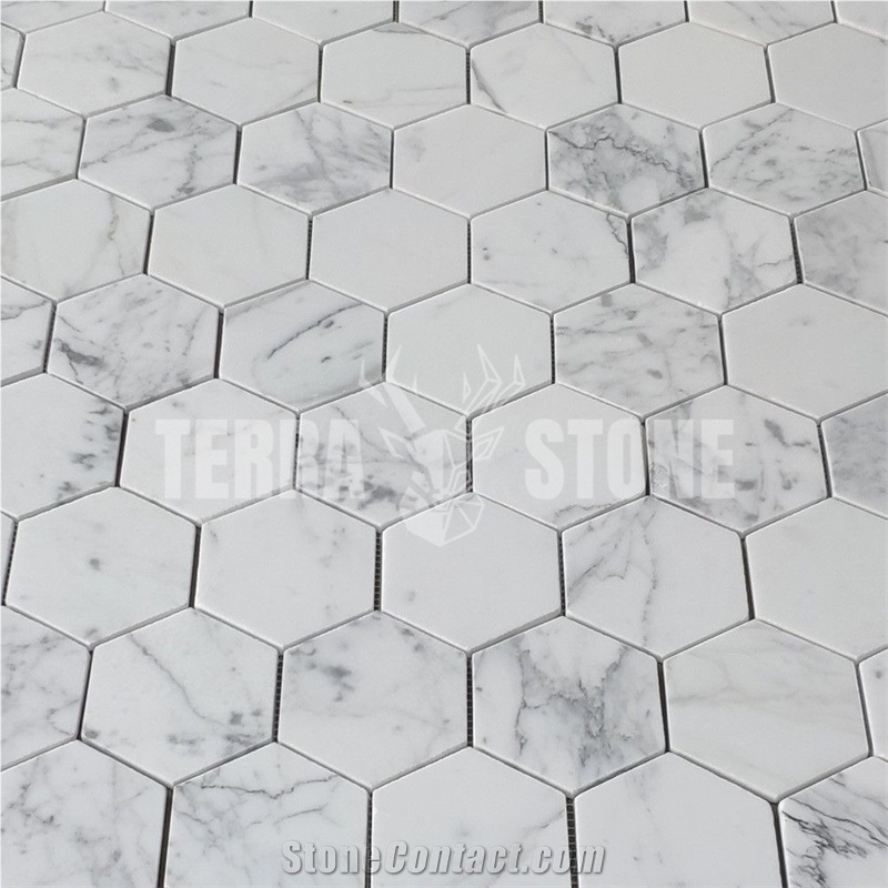 Statuary White Marble 4 Inch Hexagon Mosaic Tile Polished