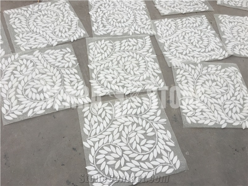 Thassos Pure White Marble Mosaic Leaf Pattern Waterjet Tiles