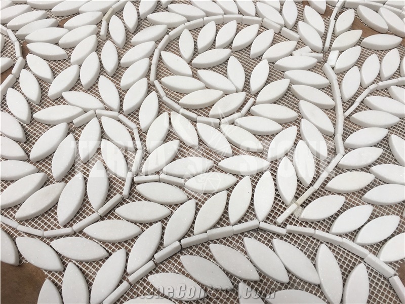 Thassos Pure White Marble Mosaic Leaf Pattern Waterjet Tiles