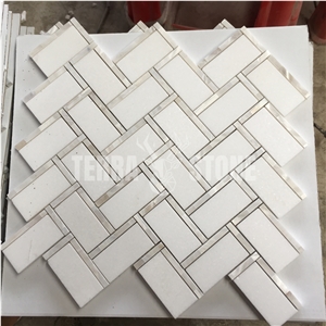 Thassos White Marble Herringbone Mosaic With Pearl Shell