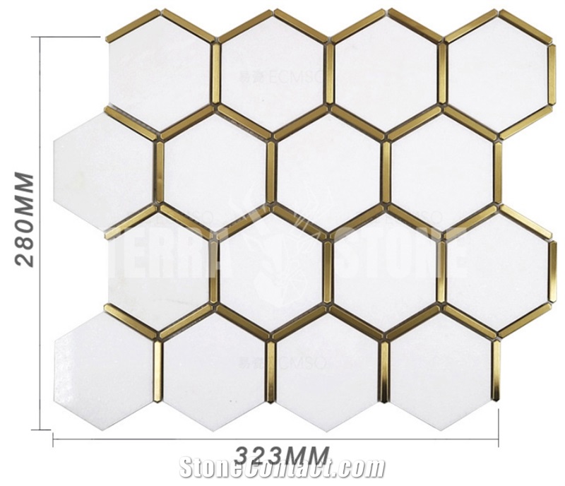 Thassos White Marble Hexagon Mosaic With Brass Inlay Tile