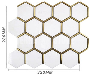 Thassos White Marble Hexagon Mosaic With Brass Inlay Tile