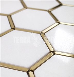 Thassos White Marble Hexagon Mosaic With Brass Inlay Tile