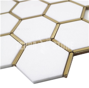 Thassos White Marble Hexagon Mosaic With Brass Inlay Tile
