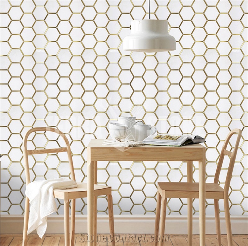 Thassos White Marble Hexagon Mosaic With Brass Inlay Tile