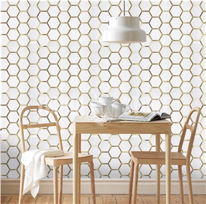 Thassos White Marble Hexagon Mosaic With Brass Inlay Tile