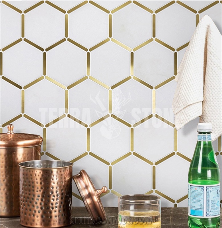 Thassos White Marble Hexagon Mosaic With Brass Inlay Tile