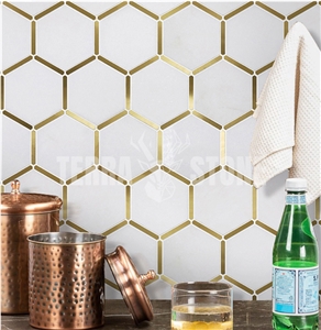 Thassos White Marble Hexagon Mosaic With Brass Inlay Tile