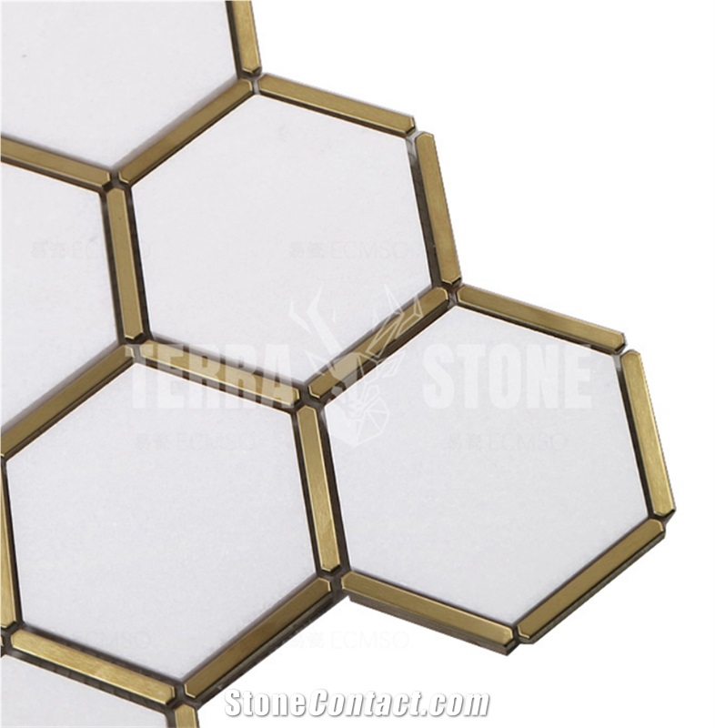 Thassos White Marble Hexagon Mosaic With Brass Inlay Tile