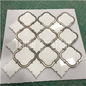 Thassos White Marble Lantern Arabesque Metal Waterjet Mosaic