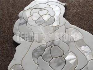 Thassos White Marble Pearl Shell Mosaic Waterjet Rose Tile
