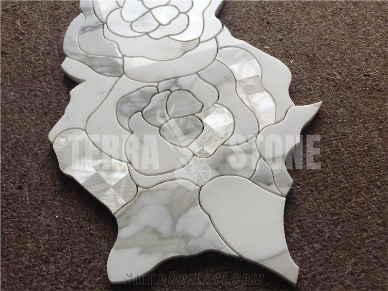 Thassos White Marble Pearl Shell Mosaic Waterjet Rose Tile