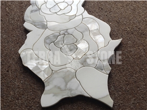 Thassos White Marble Pearl Shell Mosaic Waterjet Rose Tile
