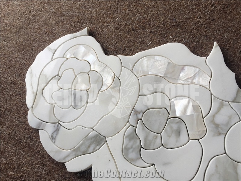 Thassos White Marble Pearl Shell Mosaic Waterjet Rose Tile