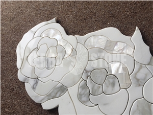 Thassos White Marble Pearl Shell Mosaic Waterjet Rose Tile