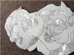 Thassos White Marble Pearl Shell Mosaic Waterjet Rose Tile