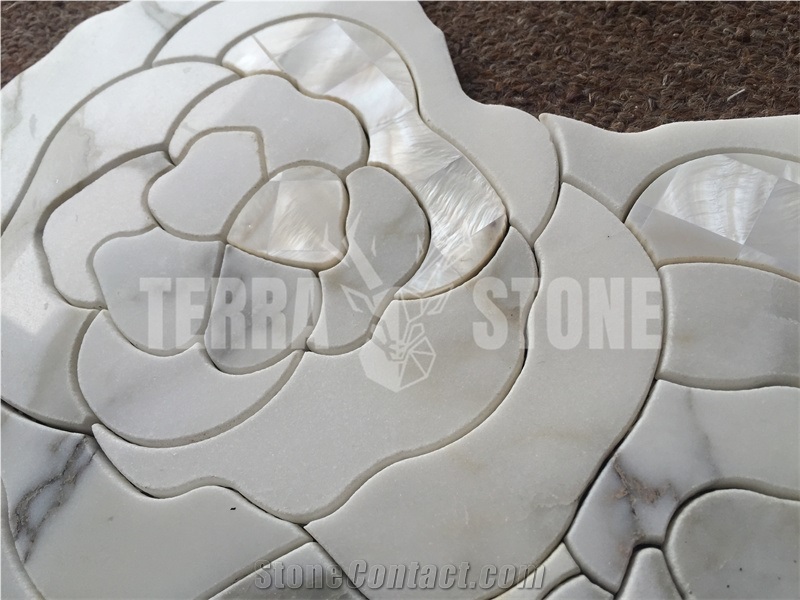 Thassos White Marble Pearl Shell Mosaic Waterjet Rose Tile