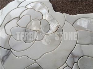 Thassos White Marble Pearl Shell Mosaic Waterjet Rose Tile