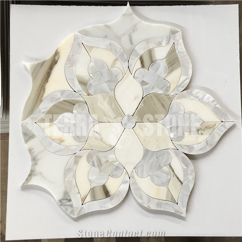 Thassos White Marble Shell Mosaic Tile Flower Waterjet