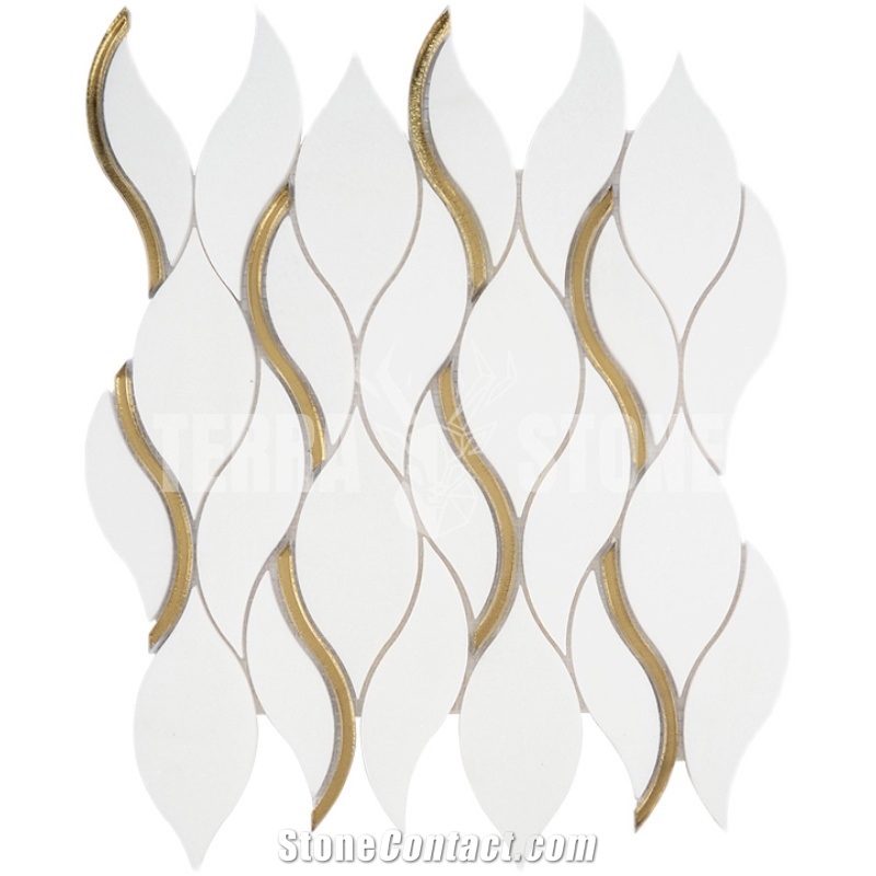 Thassos White With Glass Inlay Waterjet Mosaic Tile