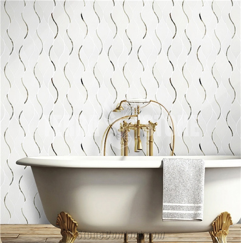 Thassos White With Glass Inlay Waterjet Mosaic Tile