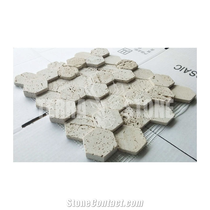 Travertine White Stone Mosaic Hexagon Cultured Tile For Wall