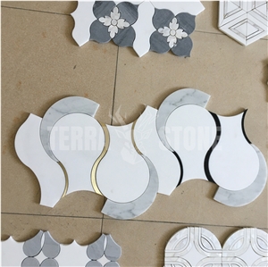 Water Jet Marble With Brass Inlay Mosaic Stone Wall Tile