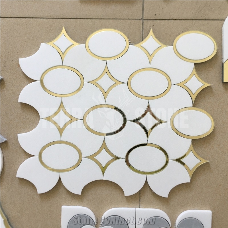 Water Jet Marble With Brass Inlay Mosaic Stone Wall Tile
