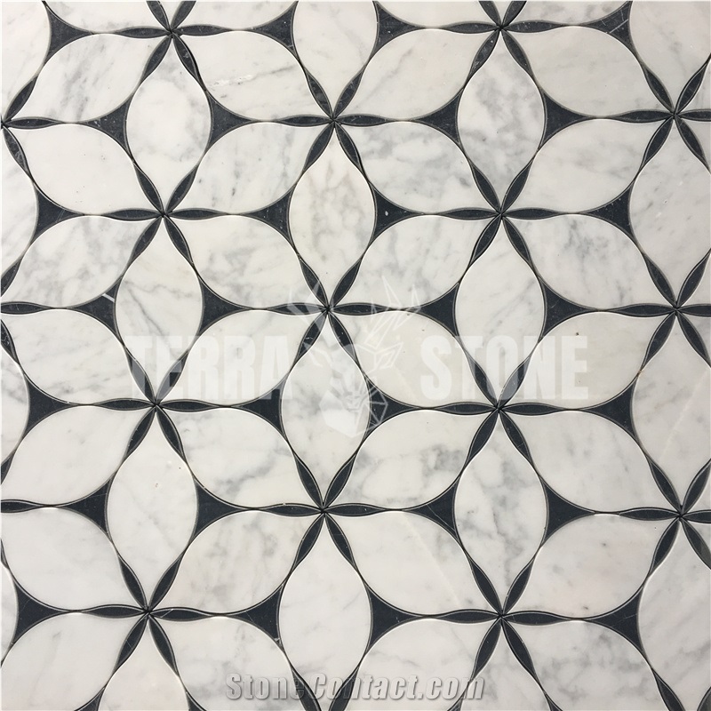 Water-Jet Statuario White Marble Mosaic Floral Design Tile