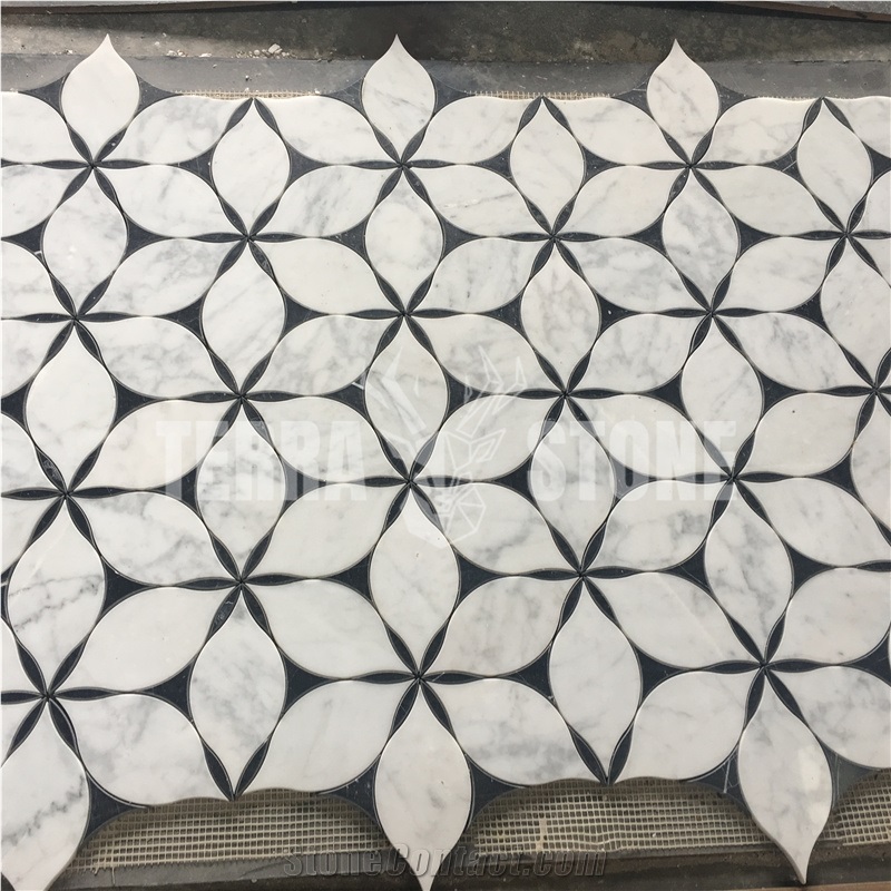 Water-Jet Statuario White Marble Mosaic Floral Design Tile
