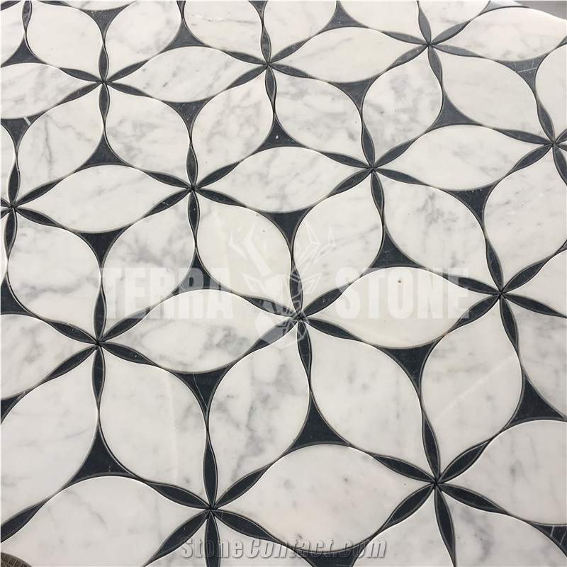 Water-Jet Statuario White Marble Mosaic Floral Design Tile