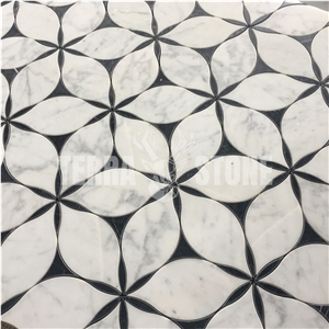 Water-Jet Statuario White Marble Mosaic Floral Design Tile