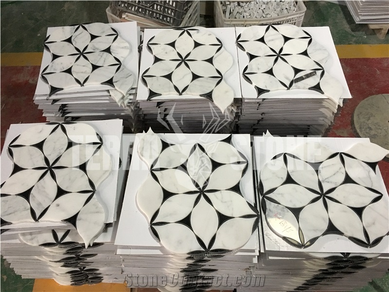 Water-Jet Statuario White Marble Mosaic Floral Design Tile