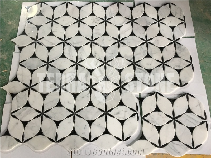 Water-Jet Statuario White Marble Mosaic Floral Design Tile