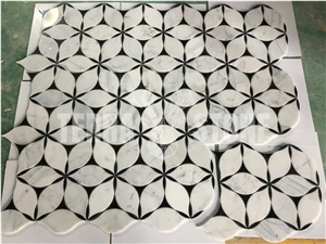 Water-Jet Statuario White Marble Mosaic Floral Design Tile