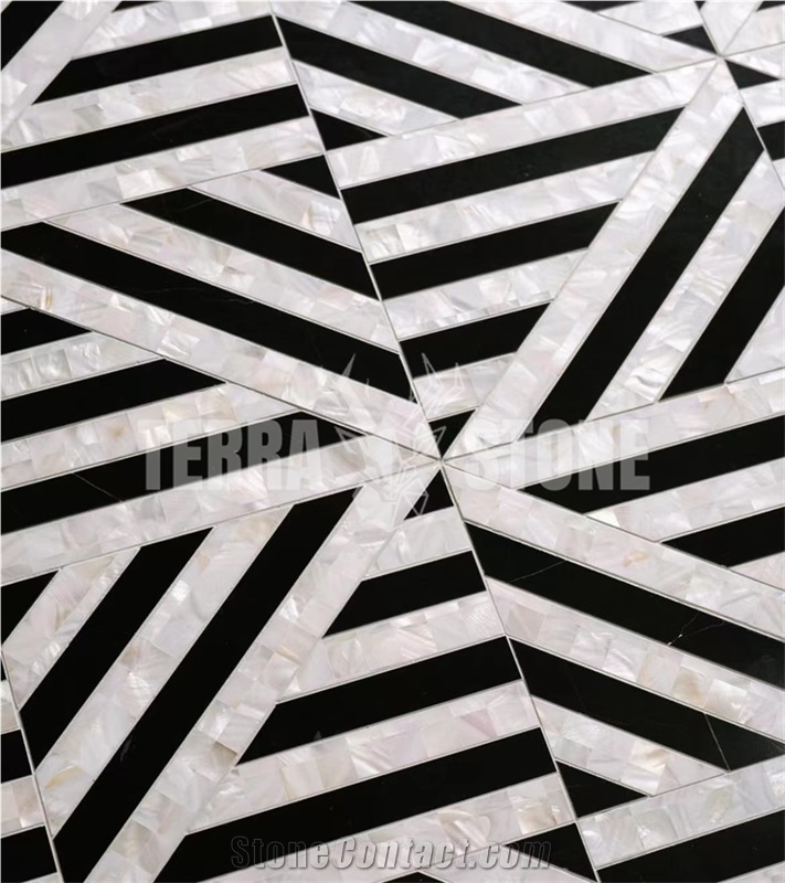 Waterjet Black Marble Mosaic With Mother Pearl Of Shell
