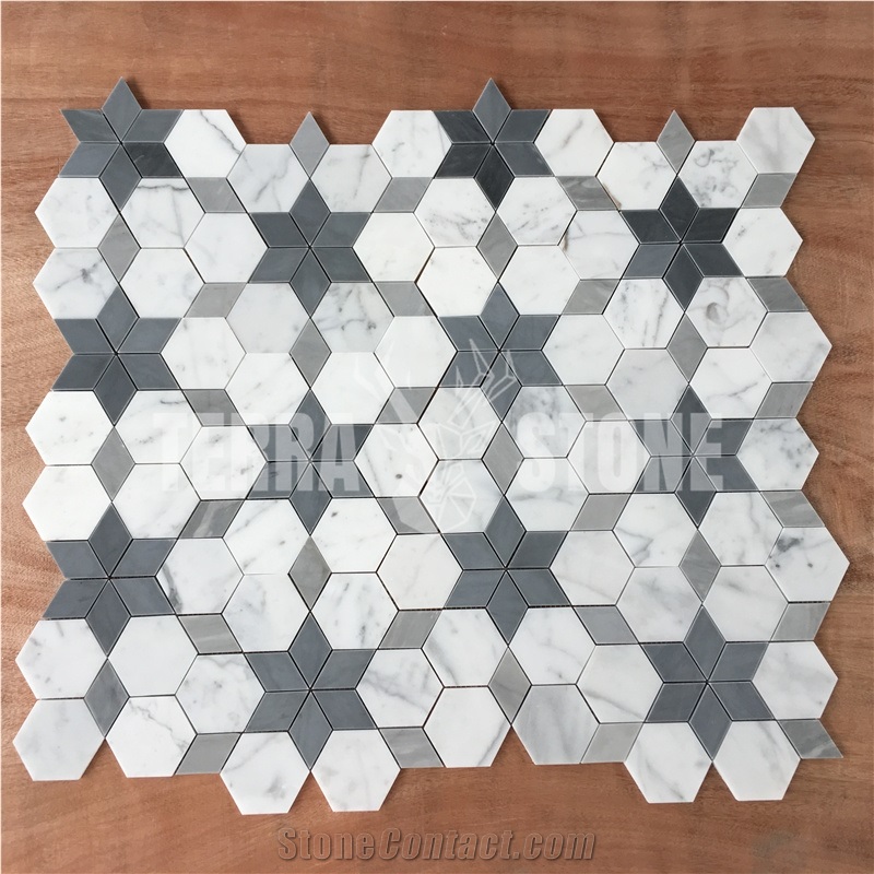 Waterjet Carrara White Marble Tile Hexagon Mosaic
