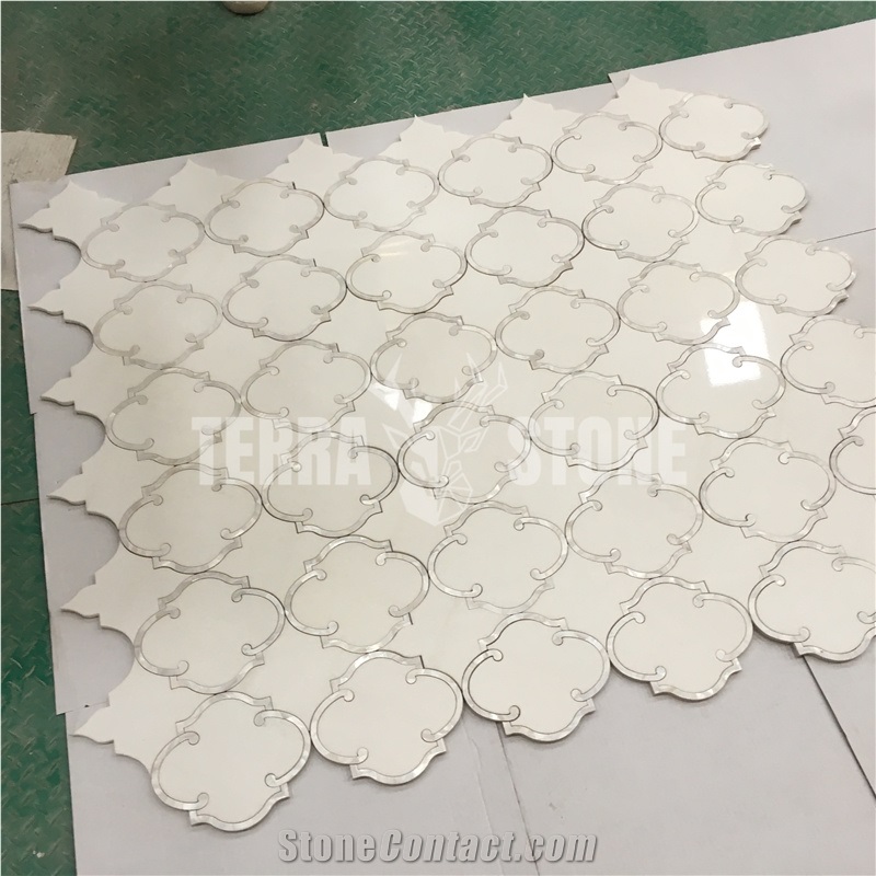 Waterjet Marble Mosaic Thassos White With Pearl Shell Tile