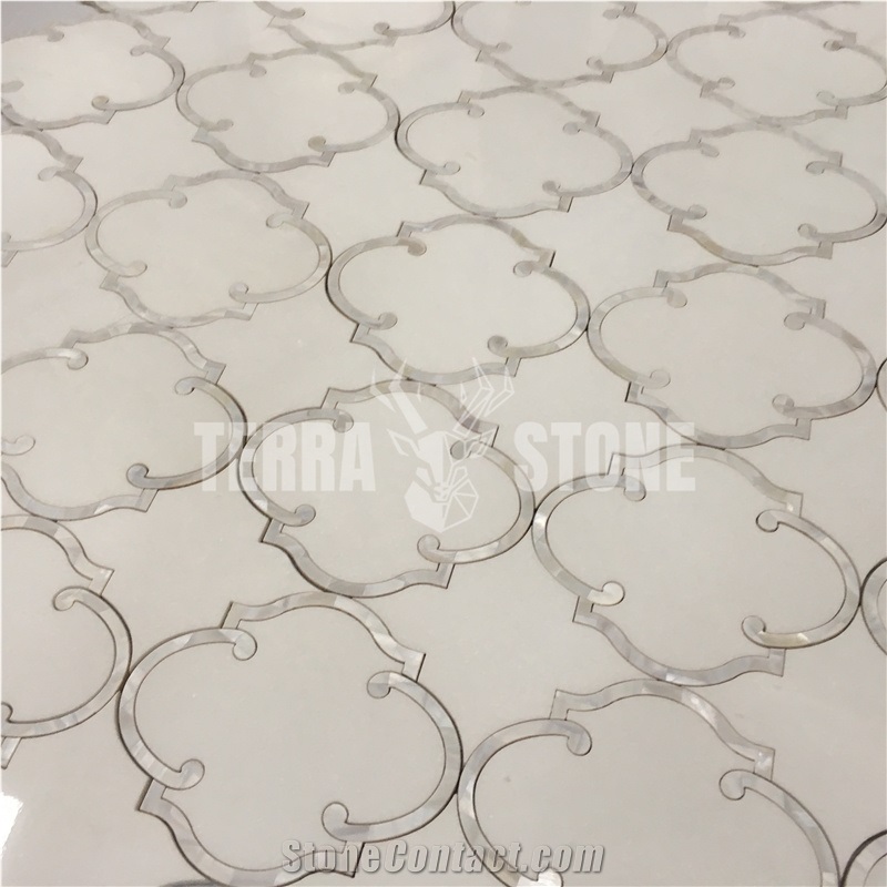 Waterjet Marble Mosaic Thassos White With Pearl Shell Tile