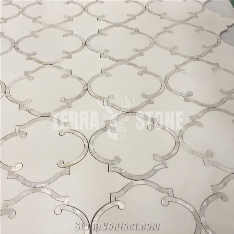 Waterjet Marble Mosaic Thassos White With Pearl Shell Tile