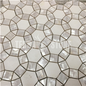 Waterjet Marble With Mother Pearl Shell Mosaic Tile Football Waterjet Marble With Mother Pearl Shell Mosaic Tile Football