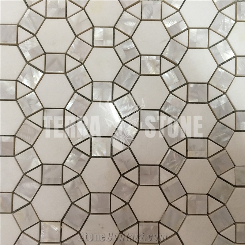 Waterjet Marble With Mother Pearl Shell Mosaic Tile Football