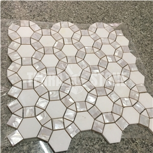 Waterjet Marble With Mother Pearl Shell Mosaic Tile Football