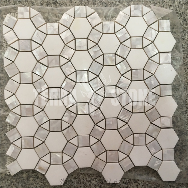 Waterjet Marble With Mother Pearl Shell Mosaic Tile Football
