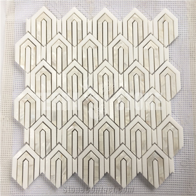Waterjet Mosaic Tile Thassos White With Mother Of Pearl