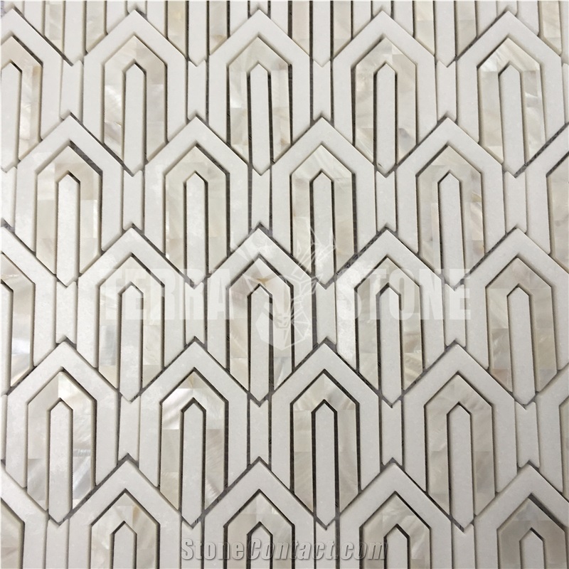 Waterjet Mosaic Tile Thassos White With Mother Of Pearl